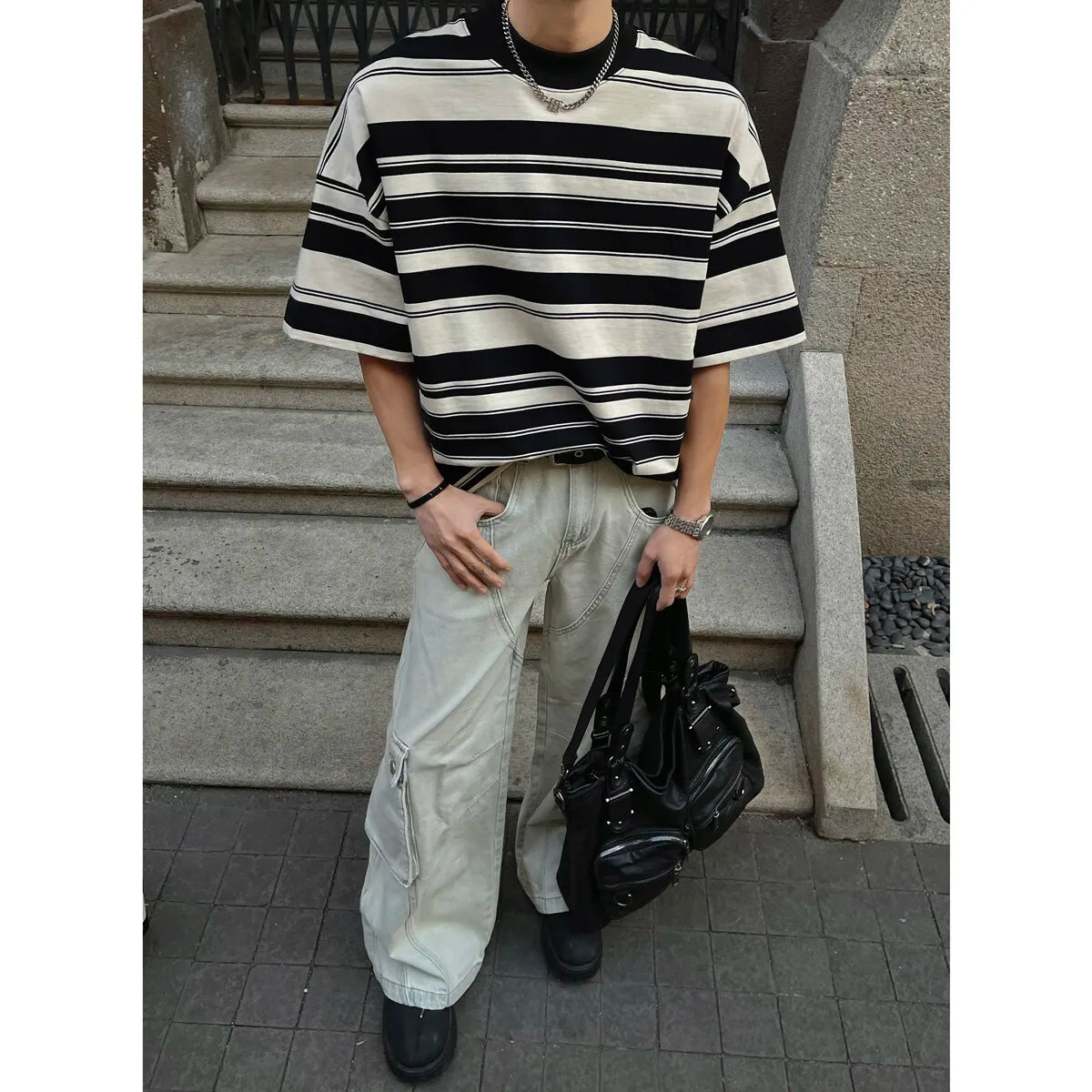 Riolio Men Black White Stripe Tshirt Man Loose Fit O Neck Casual Streetwear Fashion Soft Cotton Relaxed Summer Tee Shirt Striped Top