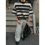 Riolio Men Black White Stripe Tshirt Man Loose Fit O Neck Casual Streetwear Fashion Soft Cotton Relaxed Summer Tee Shirt Striped Top