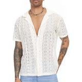 Riolio Men's Short-Sleeve Hollow-Out Lace Shirt Single Breasted Lapel Perspective  Shirt Top
