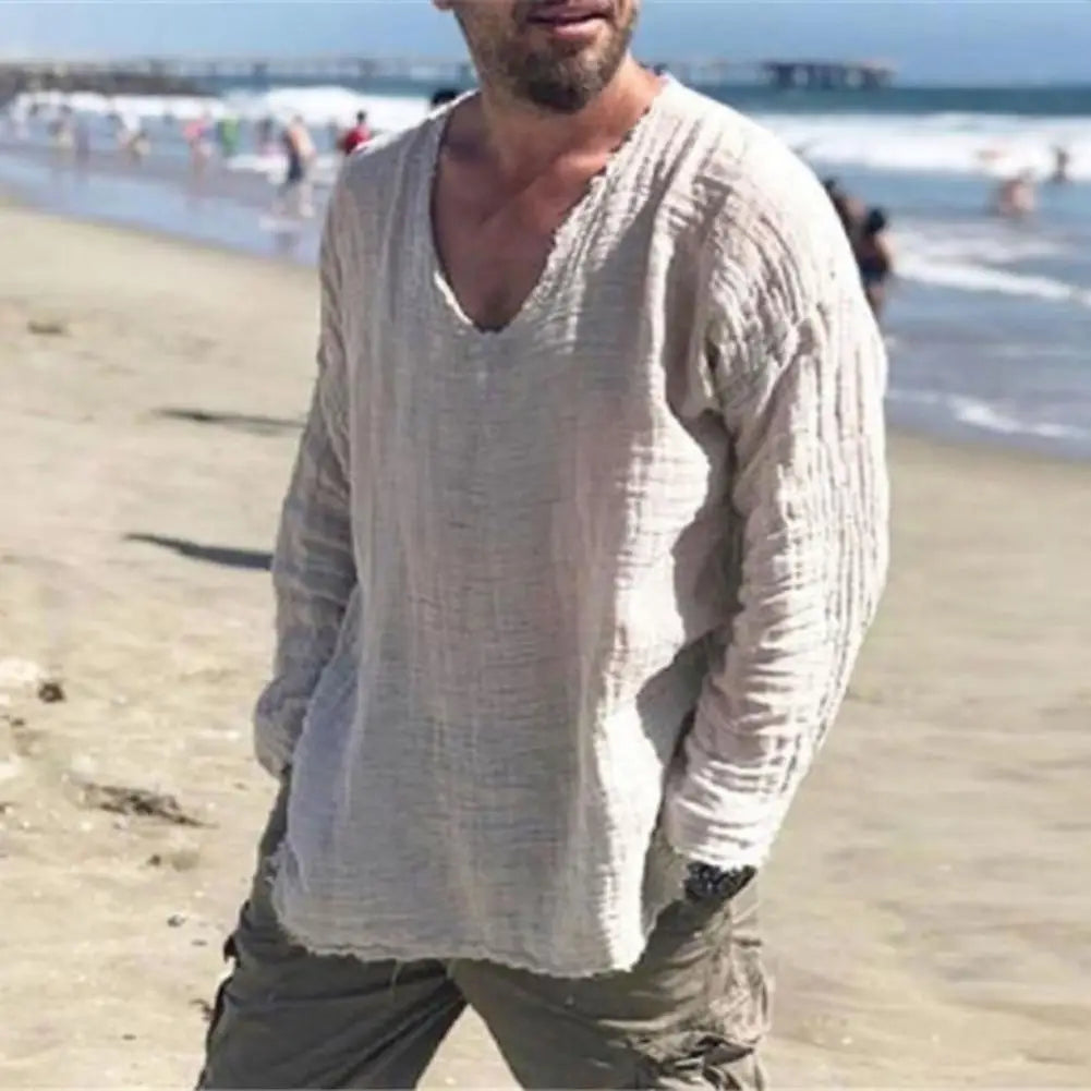 Riolio Men V-neck Long Sleeve Shirt Tops Burr Edge Pleated Loose Thin Pullover Tops Streetwear Spring Autumn Casual Handsome Men Shirts