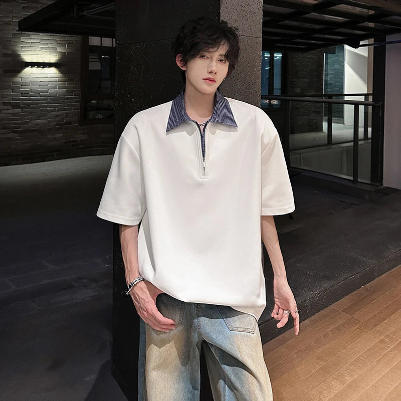 Riolio POLO shirt Mens Luxury new Solid Color Half Zip Polo Checkered Collar Stylish Trendy Streetwear T-Shirt Urban Fashion Casual Wear