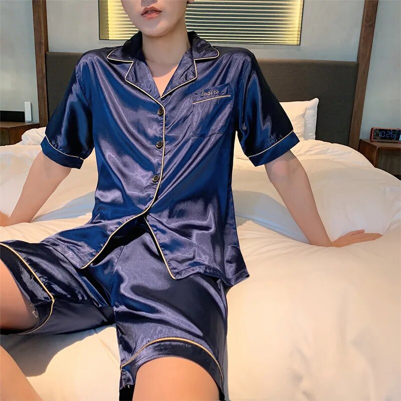Riolio Men Pajama Sets Summer Sleepwear Ice Silk Satin Short Sleeve Pyjamas Suit Loose Loungewear Male Casual Homewear L-5XL