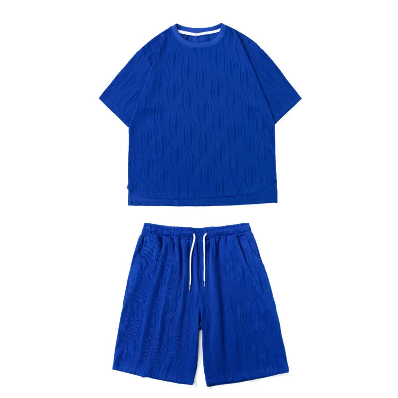 Riolio Summer Set Men Fashion Casual Shorts Short Sleeved T-shirt Sets Men Streetwear Hip-hop Loose Ice Silk Set Mens Pleated Set