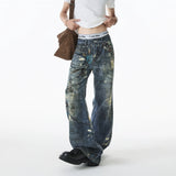 Riolio Jean Men Unique Design Graffiti Street Style Drag Jeans Urban Trendy Fashion Distressed Long Fit Casual Denim Pants Edgy Hip Hop