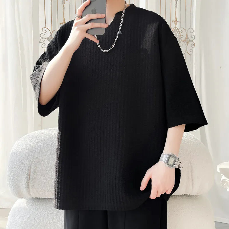 Riolio Summer Short Sleeved T-shirt Men Casual Pleated T Shirt Men Streetwear Hip-hop Loose Striped T Shirt Mens Top Plus Size 5XL