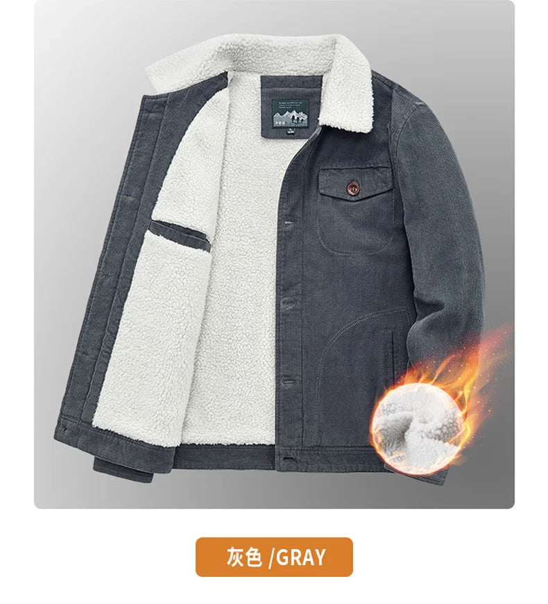 Riolio Winter Mens Jacket Warm Corduroy Jackets and Coats Fur Collar Winter Casual Coats Outwear Male Thermal Cotton Jacket Streetwear