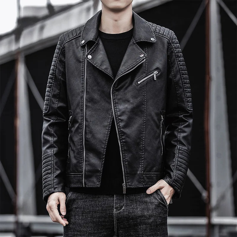 Riolio Leather Jacket Autumn New Flip Collar Slim Fit Casual Style Jackets Men's Motorcycle Outerwear Youth Fashion PU Leather Coat