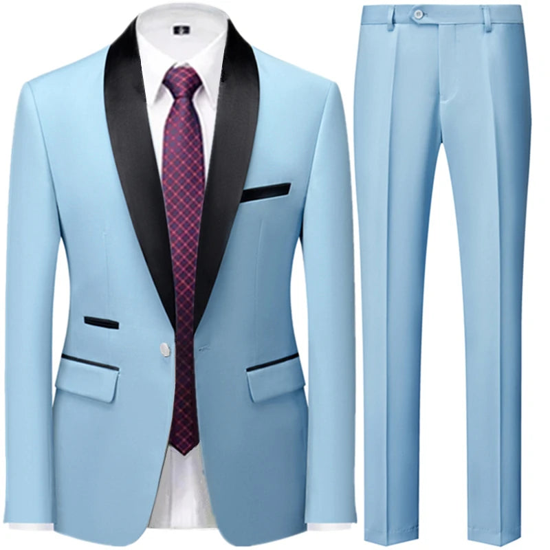 Riolio 3 Pieces Set Men's Business Blazers Coat / Male Slim Fit Color Matching Collar Suit Tuxedo Leisure Jacket Pants Vest Wedding