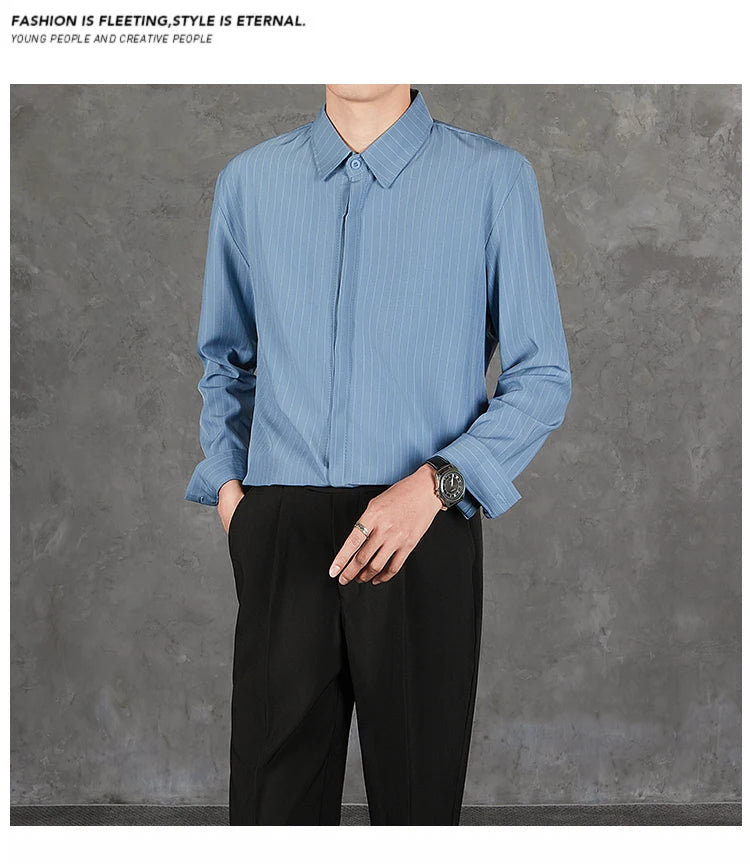 Riolio  New Naples Business Men Shirts Light Luxury Textured Lapel Striped Long Sleeve Cardigan Leisure Premium Commuter Blouse S-4XL