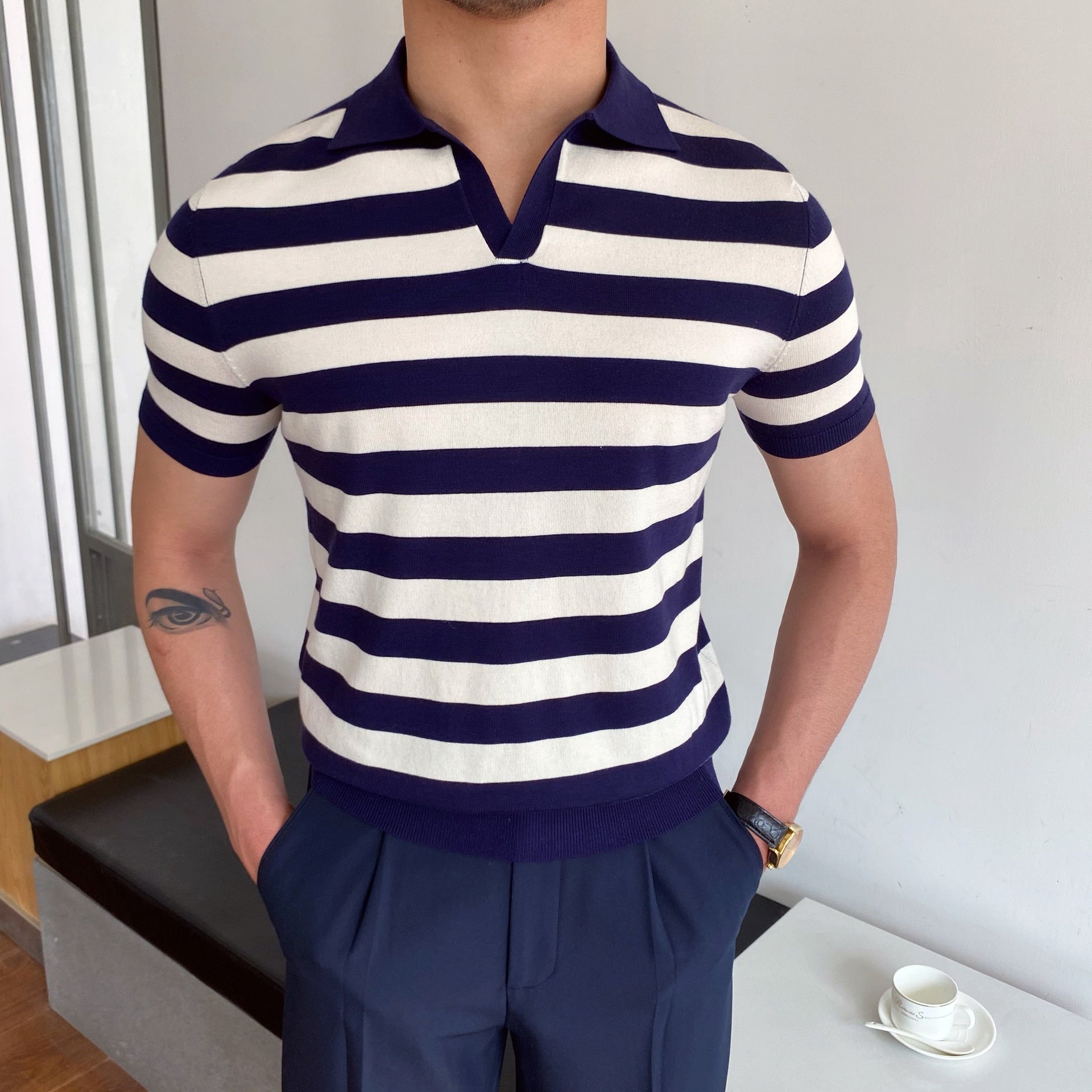 Riolio Spring Summer Knit Polo Shirt Men Casual Turn-down Collar Button Fashion Striped Solid Slim Tops Newest Ice Silk Cotton Knitwear
