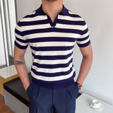 Riolio Spring Summer Knit Polo Shirt Men Casual Turn-down Collar Button Fashion Striped Solid Slim Tops Newest Ice Silk Cotton Knitwear