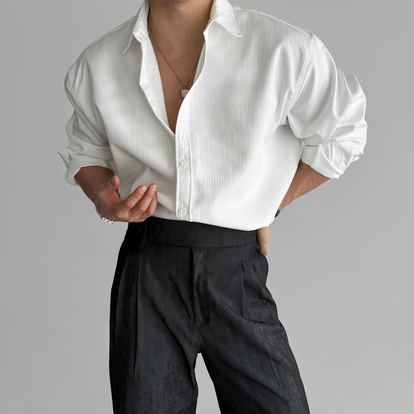 Riolio Lapel Pit Stripe Texture Long Sleeve Shirt Men's Casual Business Shirt High-end Drapery Light Versatile Top Male Blouse