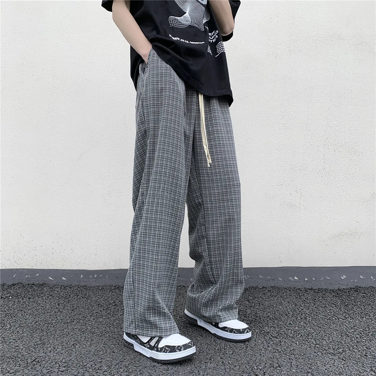 Riolio Summer/Autumn Plaid Pants Men Loose Casual Straight Trousers for Male/Female Harajuku Hip-hop Streetwear Wide-leg Mopping Pants
