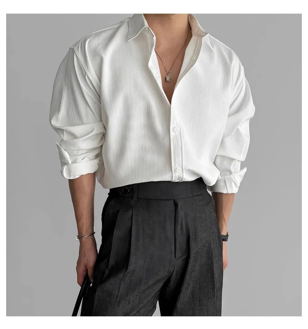 Riolio Lapel Pit Stripe Texture Long Sleeve Shirt Men's Casual Business Shirt High-end Drapery Light Versatile Top Male Blouse