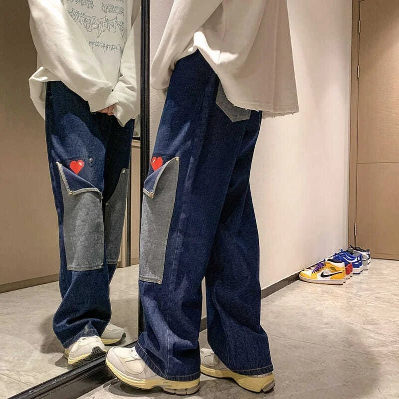 Riolio Men's Jeans Collage Multi Pocket Couple Jeans Beggar Style Cargo Pants High Street Casual Men's Street Clothes Plus Size