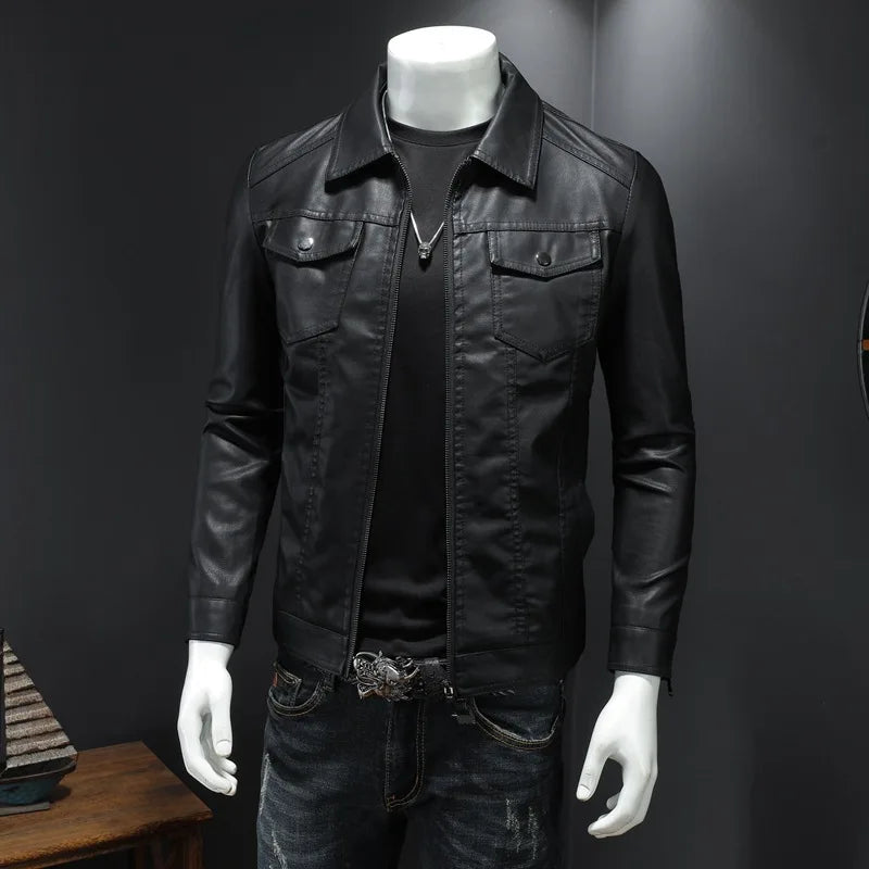 Riolio Men's lapel leather jacket autumn oversized slim motorcycle riding suit winter thickened PU leather waterproof work clothes
