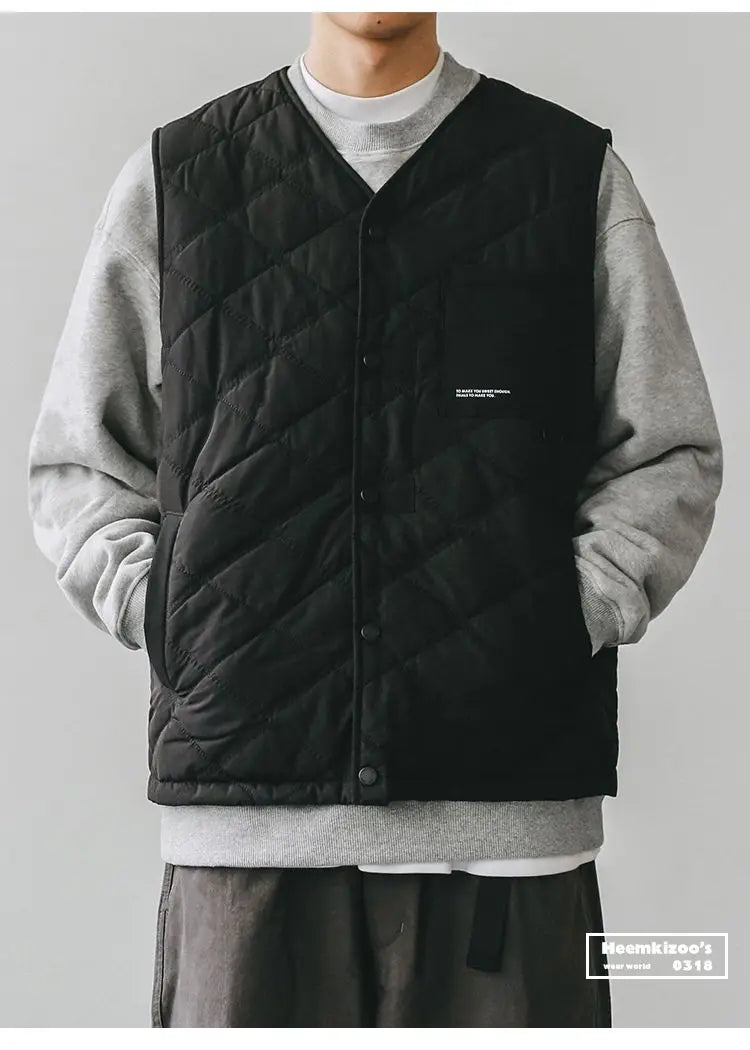 Riolio Cotton-layered Fashionable Vest Men with Autumn Winter Simple Casual Light Heated Inner Vest Cardigan Work Vest Top Aesthetic