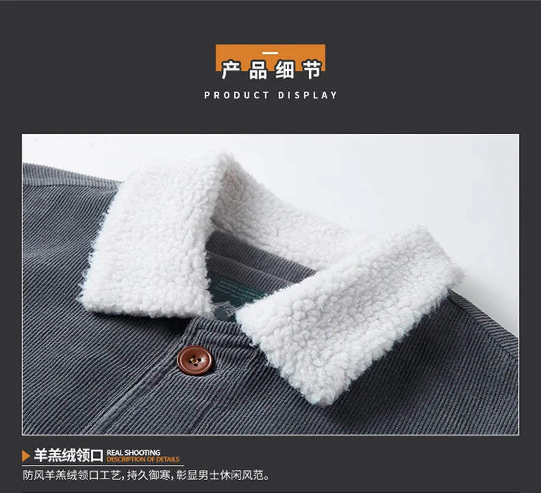 Riolio Winter Mens Jacket Warm Corduroy Jackets and Coats Fur Collar Winter Casual Coats Outwear Male Thermal Cotton Jacket Streetwear