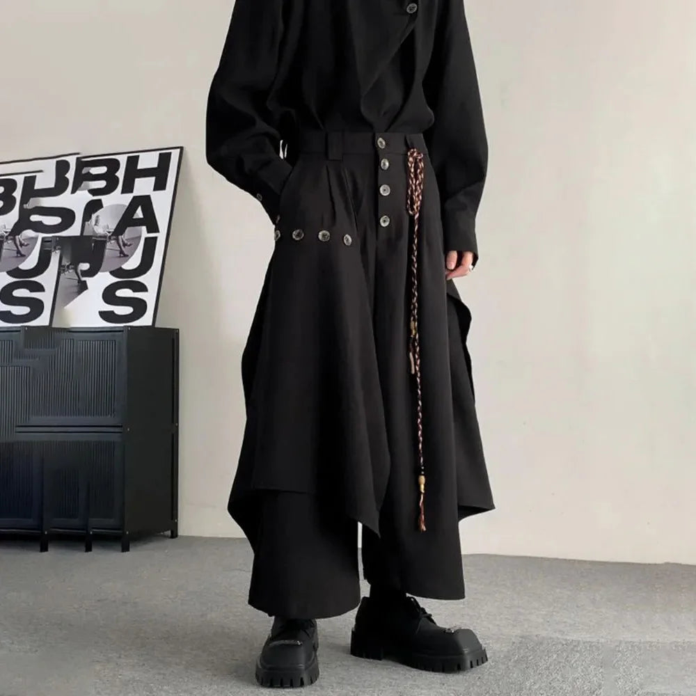 Riolio Y2k Double-Layer Irregular Casual Skirt Pants Genderless Japanese Streetwear Side Hem Design Versatile Samurai Skirt Unisex