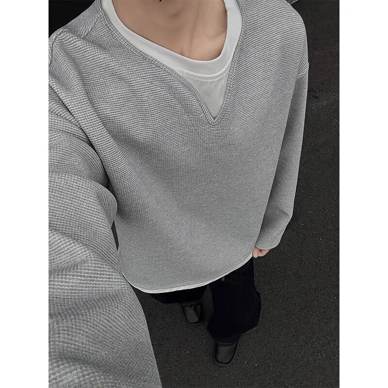 Riolio Spring Long Sleeved T-shirt Men Fashion Gray Black Checkered T Shirt Men Streetwear Korean Loose Round Neck T Shirt Mens Top