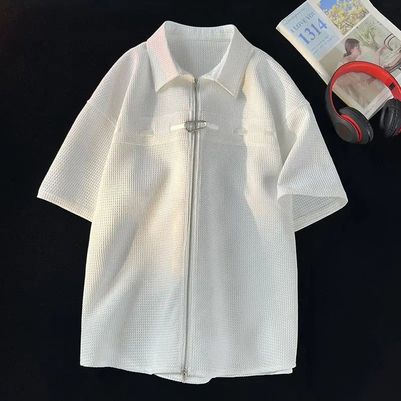 Riolio Niche Design Zipper Shirt Men's Short-sleeved Summer 2025 New Waffle High-end Casual Shirt Hip Hop Unisex Zipper Blouse