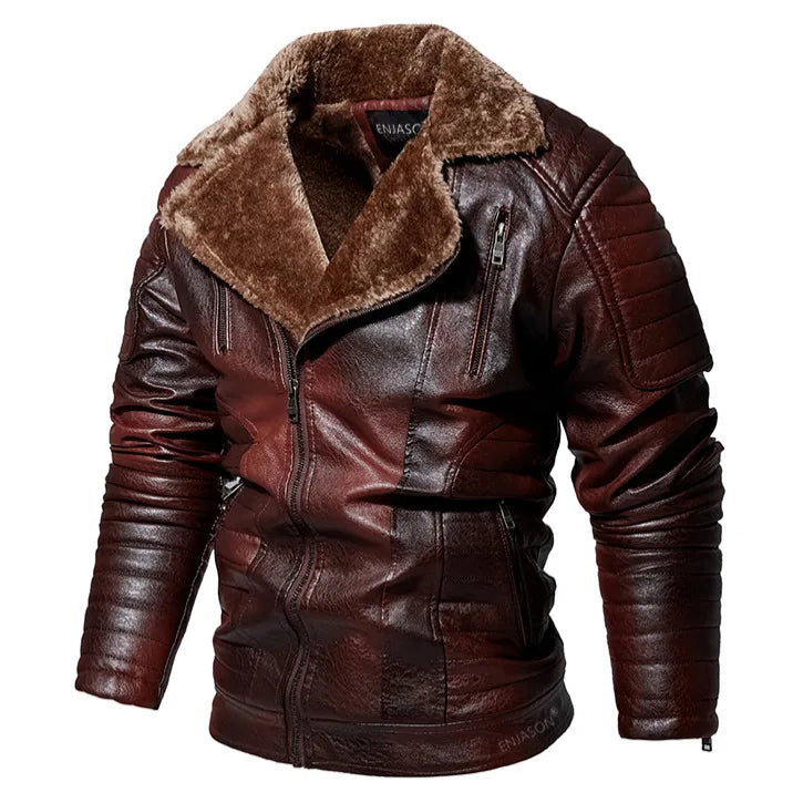 Riolio Male Outerwear Bomber Leather Jacket High-end Men's Fleece Warm Motorcycle Suit Collar Jackets Moto Biker PU Baseball Jackets