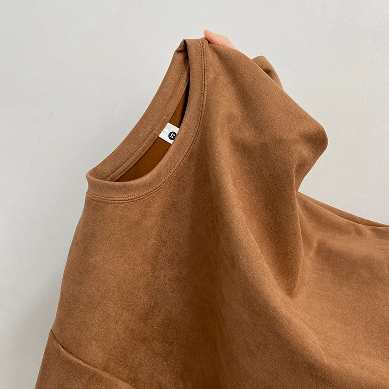 Riolio Summer Short Sleeve T-shirt Men Fashion Retro Suede T Shirt Men Streetwear Hip Hop Loose Round Neck Solid Color Tshirt Mens Top