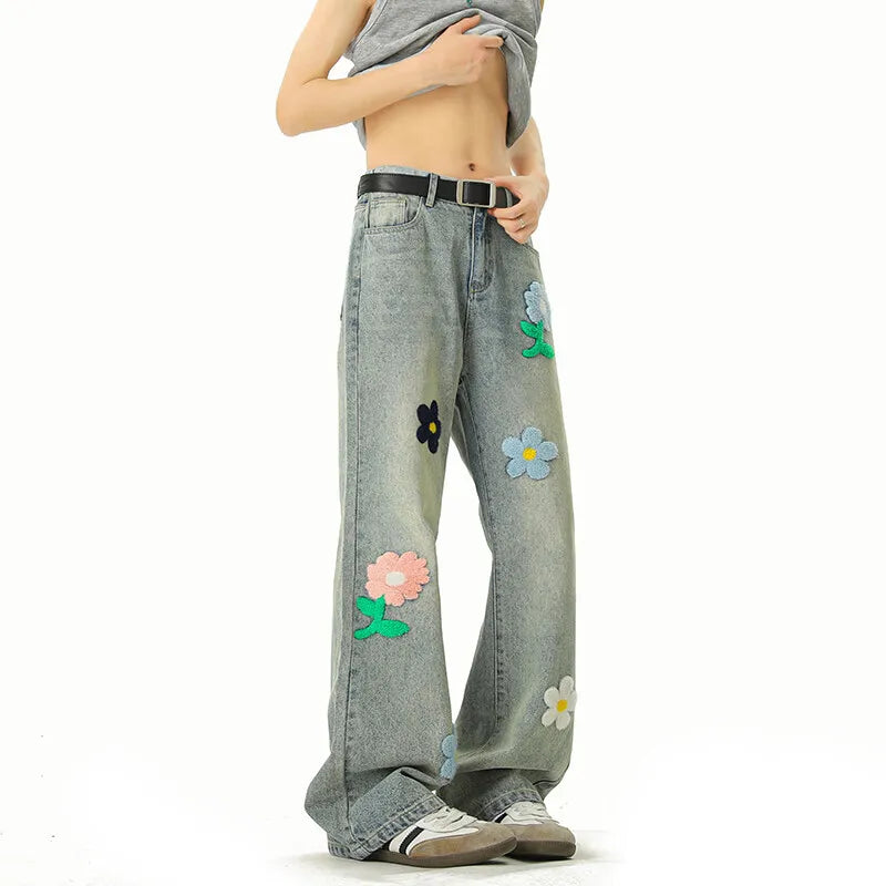 Riolio Blue Jeans Men Fashion Casual Straight Jeans Streetwear Hip-hop Loose Flower Jeans Mens Vintage Denim Pants Man Trousers