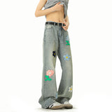 Riolio Blue Jeans Men Fashion Casual Straight Jeans Streetwear Hip-hop Loose Flower Jeans Mens Vintage Denim Pants Man Trousers