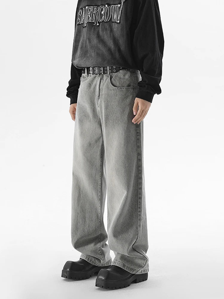 Riolio Autumn New Men's Fashion Baggy Jeans Gray Vintage High Street Wide Legs Denim Trousers Male Casual Straight Pants Streetwear
