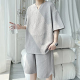 Riolio Summer Set Men Fashion Black White Casual Set Men Streetwear Pleated Sets Mens Short Sleeved T-shirt Shorts Set Man Sets