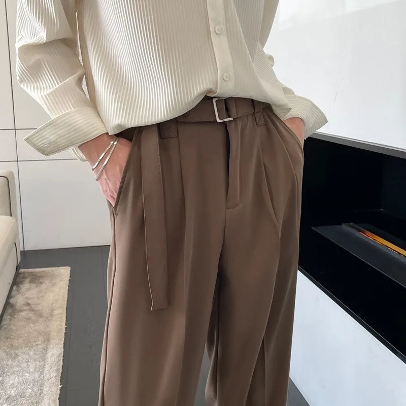 Riolio Men's Clothing Luxury Draped Baggy Belt Suit Pants Leisure Button-down Solid Color Straight Premium Elegant Dress Pants S-3XL