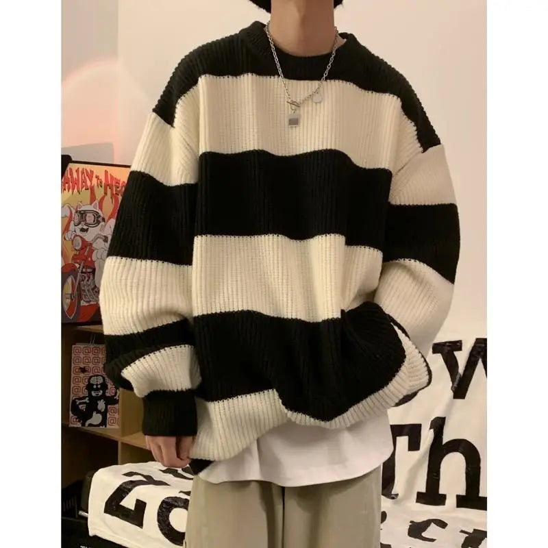 Riolio Korean style patchwork striped sweater for men in autumn and winter lazy loose knitted sweater round neck retro trendy sweater
