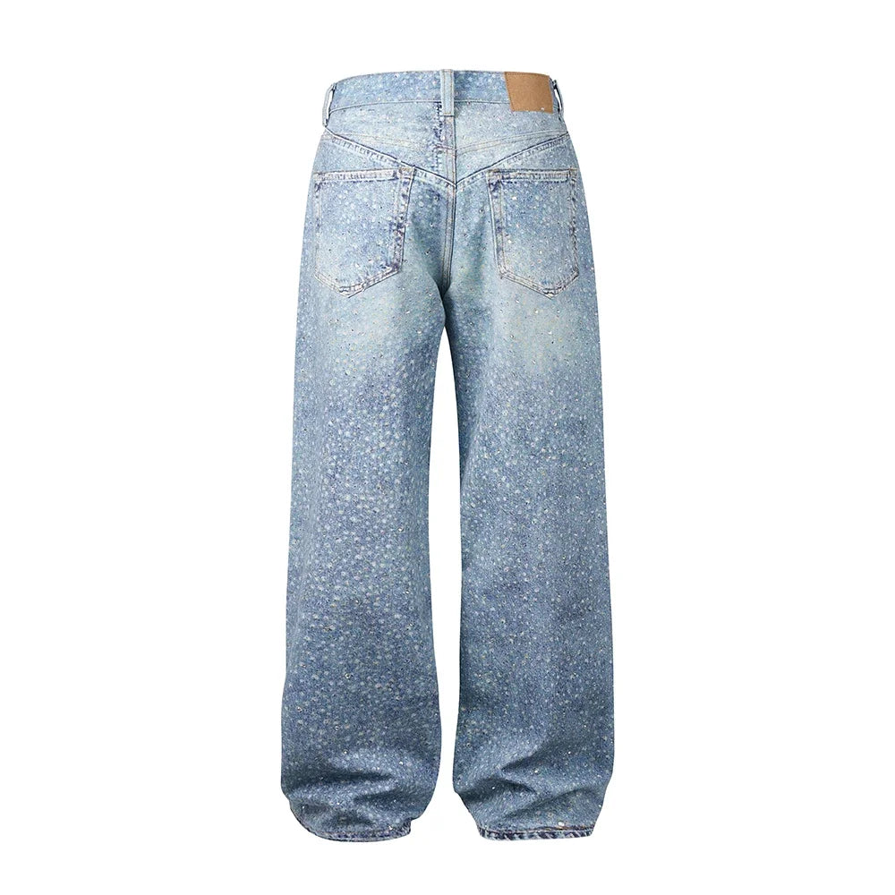 Riolio Full Rhinestone Print Washed Blue Baggy Jeans Mens and Women Ropa Hombre Streetwear Solid Casual Denim Trousers Loose Cargos