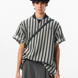 Riolio Preppy Retro Shirt Double-paired V-neck Striped Short-sleeved T-shirt Loose Casual Embroidered Letter Printed Shirt