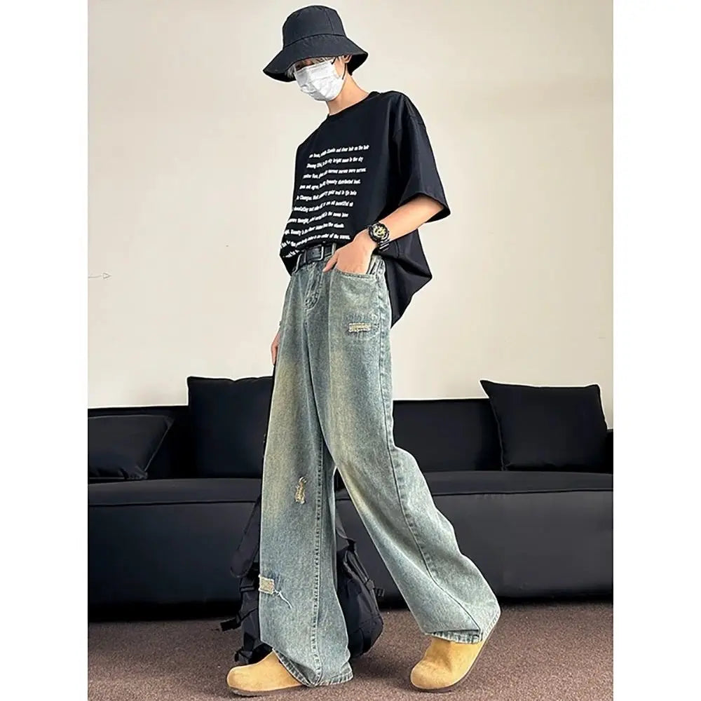 Riolio American hip-hop washed straight leg summer men and women trendy jeans couple 2025 loose retro personalized casual pants y2k