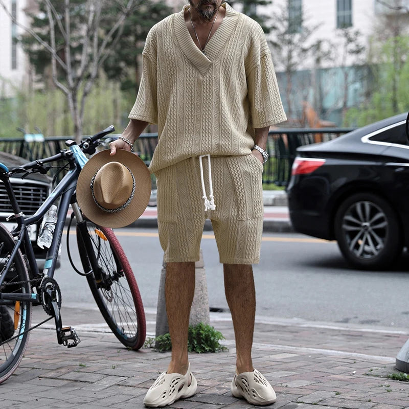 Riolio New Summer Men's Set Loose Casual Sports Suit High-quality Jacquard V-neck Short-sleeved Shorts Two-piece Men's Clothing