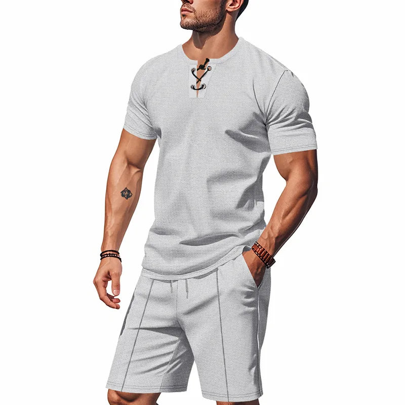 Riolio 2025 Summer Simplicity Men's Suit Loose Walf Checks Fabric Breathable Comfort and Casual Short Sleeve Shorts Two-Piece Suit