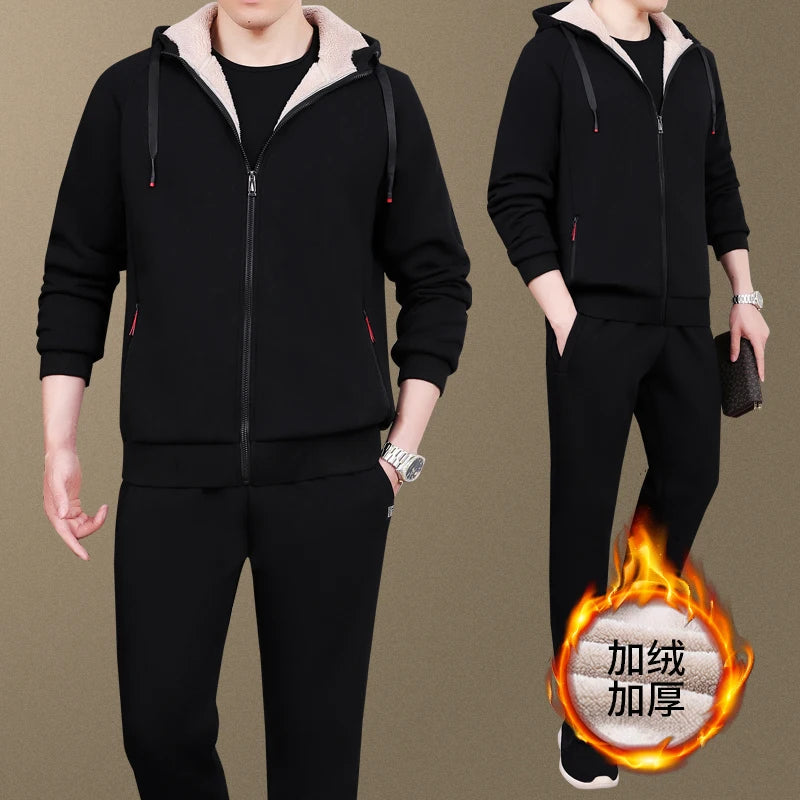 Riolio Men's Set Winter Pure Cotton Middle-aged and Elderly Sports Plus Velvet Set Winter Dad Set Two-piece Cardigan Lamb Wool Set