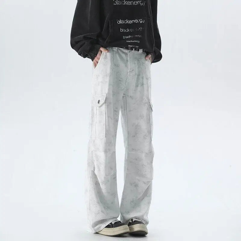 Riolio Vintage Tie dye Men's Baggy Denim Trousers White New Streetwear Wide Leg Loose Denim Pants Fashion Straight Gargo Pants