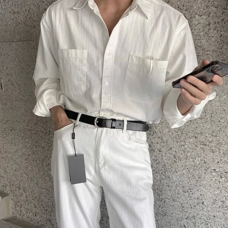 Riolio New Men Luxury Korean Style Shirts Casual Long Sleeve Drapped Solid Color Button-down Cardigan Fashion Business Leisure Blouse