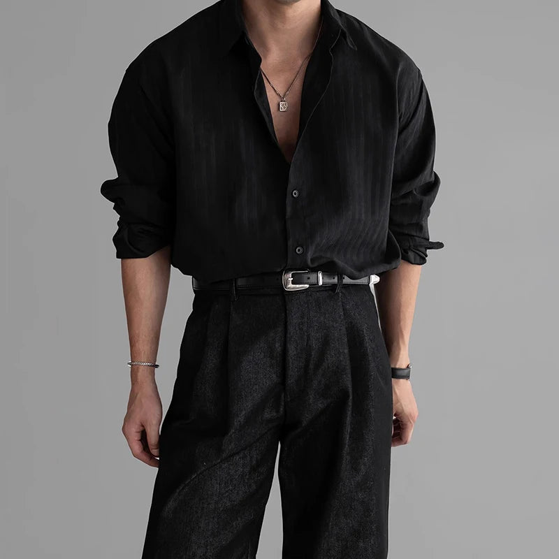 Riolio New Korean Fashion Men Shirts Light Luxury Textured Business Striped Long Sleeve Cardigan Tops Leisure High Quality Blouse M-2XL