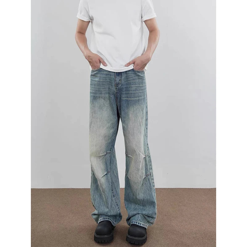 Riolio Blue Men Jeans High Waist Vintage 2000s Straight Baggy Denim Pants Streetwear Y2K American Style Fashion Wide Leg Denim Trouser