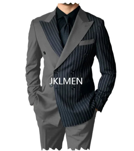 Riolio Men's Suits Blazer Autumn Striped Men Blazer Fashion Double  Jacket Coats 2pcs Casual Business Tuxedo Costume