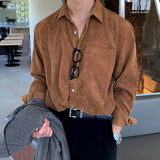 Riolio Hong Kong Style Vintage Corduroy Shirt Men's Long-sleeved Top Loose Large-size Lapel Shirt Casual White Button Blouse Jacket