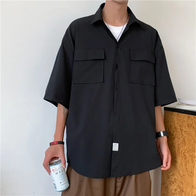 Riolio Summer Short Sleeved Shirt Men Pocket Casual Shirt Men Japanese Streetwear Loose Ice Silk Shirts Mens White Shirt Plus Size 4XL