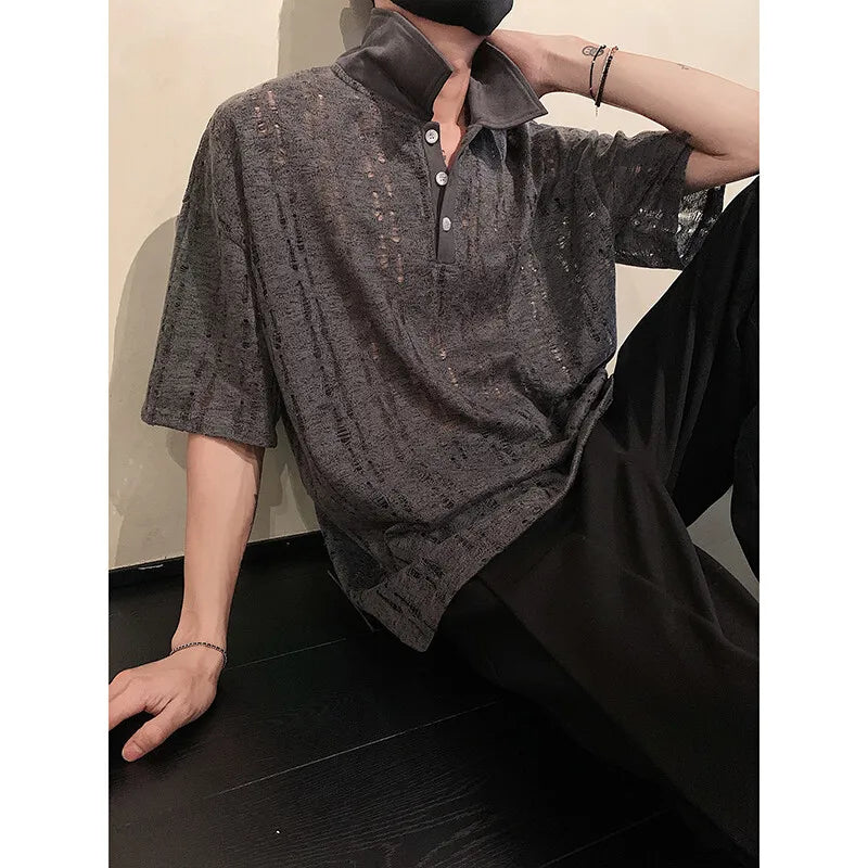 Riolio Mens Summer Short Sleeve Loose Fit Casual polo men Trendy Hollow Out Design Streetwear Fashion Top New Stylish Mesh Tee POLO