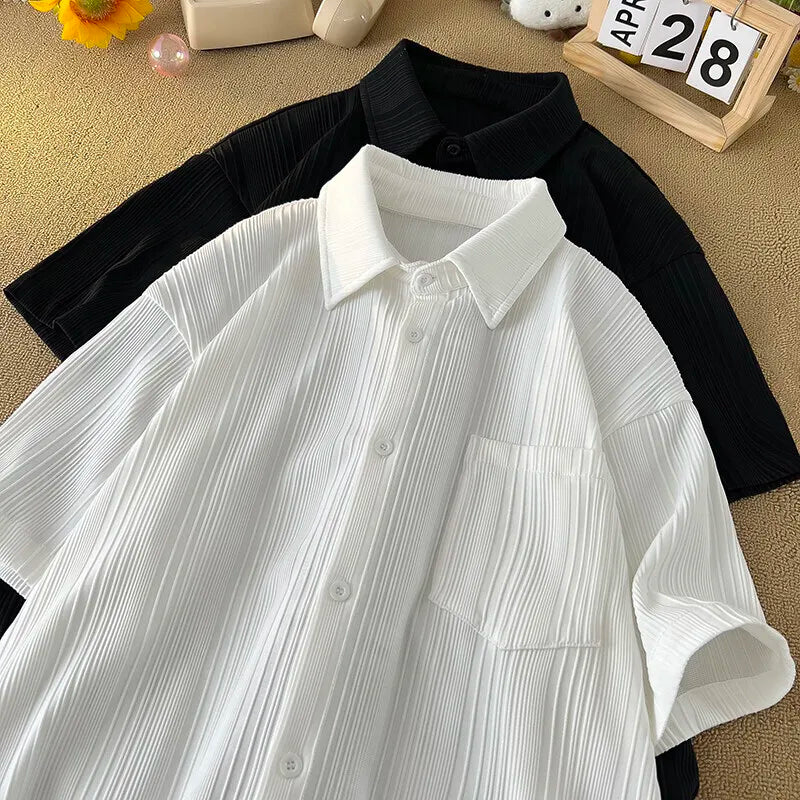Riolio Summer Short Sleeved Shirt Men Black White Casual Shirt Men Streetwear Korean Loose Pleated Shirt Mens Ice Silk Shirts 4XL