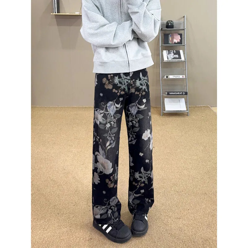 Riolio Flower Jeans Men Fashion Retro Printed Jeans Men Streetwear Hip-hop Loose Straight Jeans Men Baggy Vintage Denim Trousers