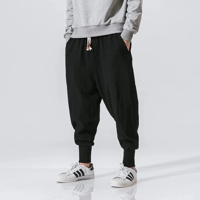 Riolio Cotton Linen Harem Pants Men Solid Elastic Waist Streetwear Joggers New Baggy Drop-crotch Pants Casual Trousers Men
